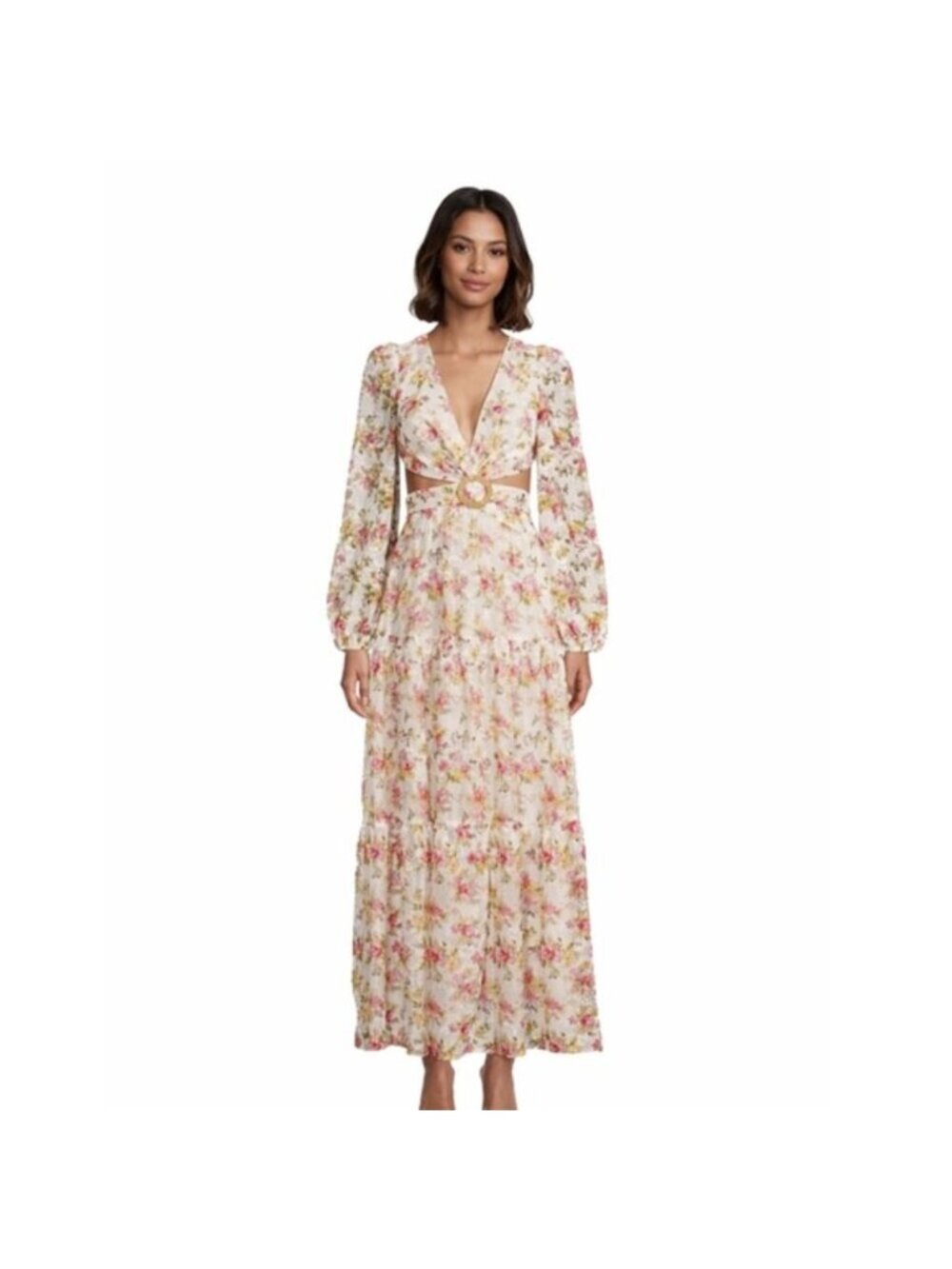 Lillian Floral Print Long Sleeve Deep V-Neck Cut-Out Tiered A-Line Dress